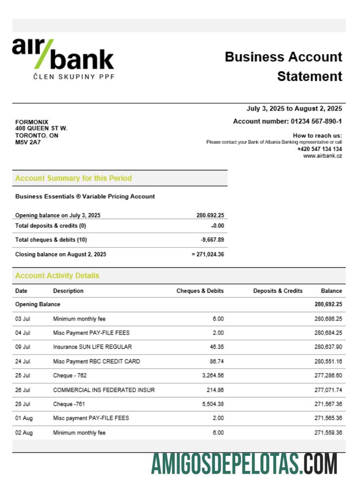 Declaração de verificação de organização comercial do Air Bank em formato Word e PDF amostra